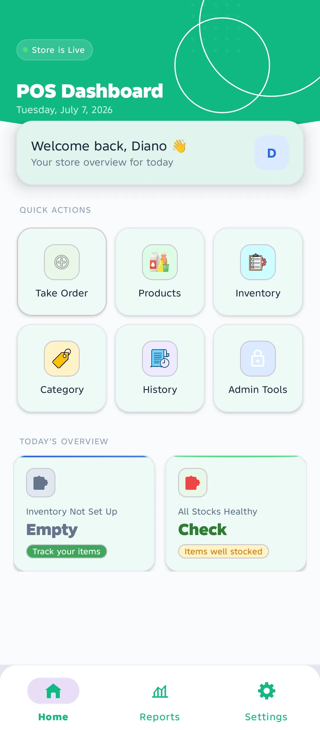 Prima POS dashboard interface