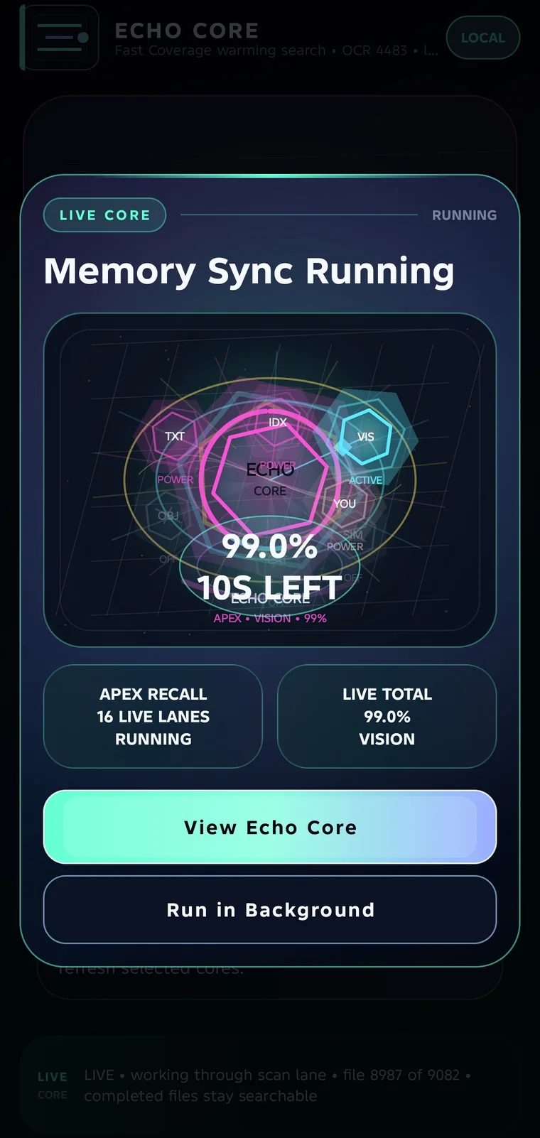 Echo scan progress and recovery screen