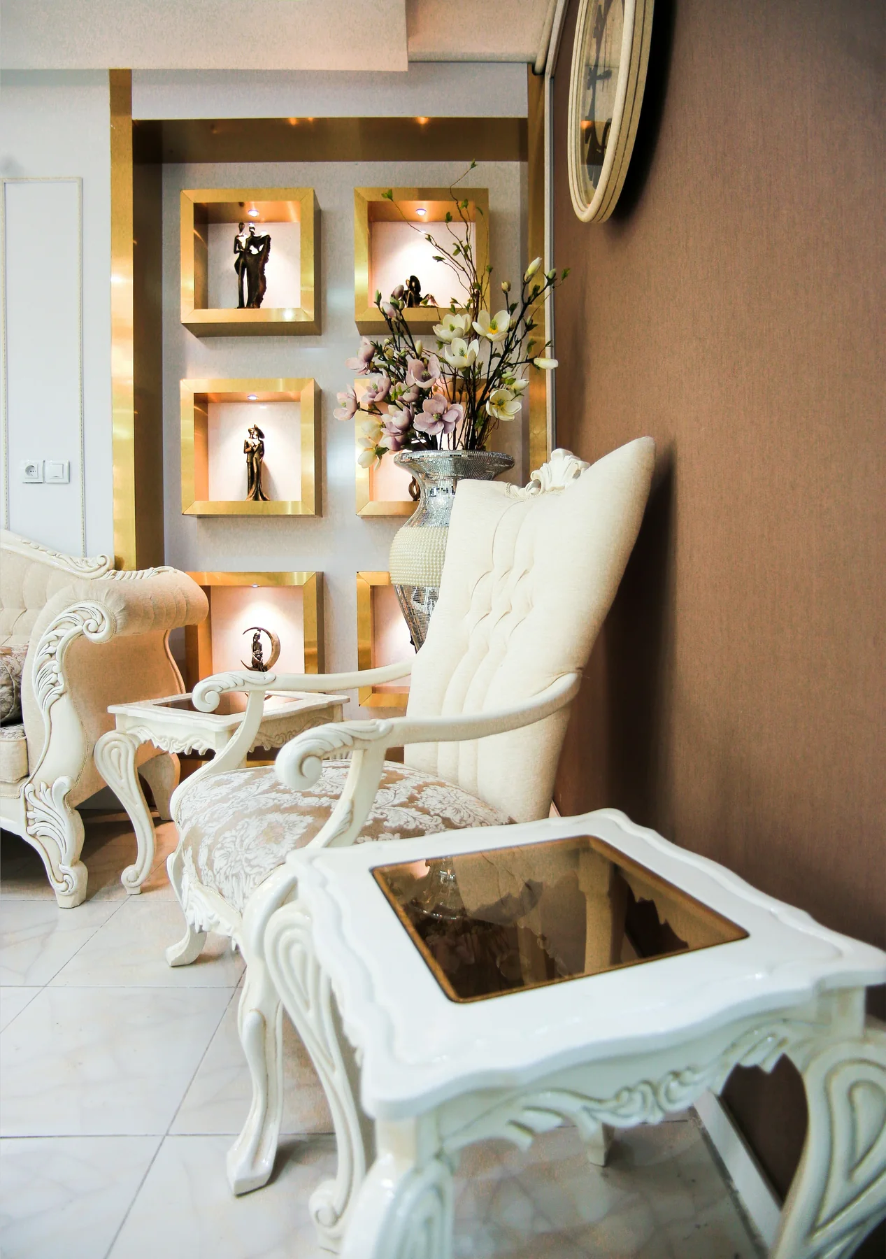 Softly furnished beauty studio waiting area